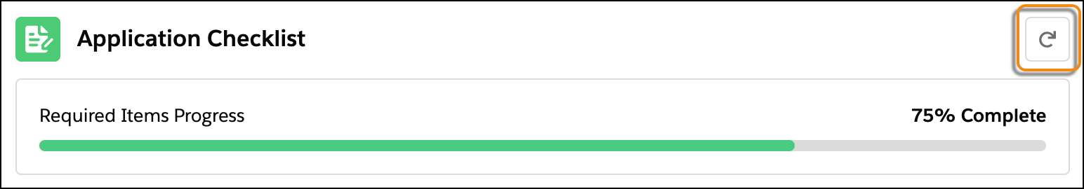 Application Checklist component with a callout on the refresh icon