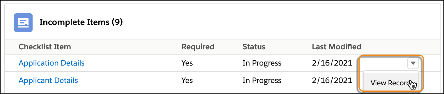 Incomplete Items list in the Application Checklist with a callout on the View Record link in the action menu for a Checklist Item row