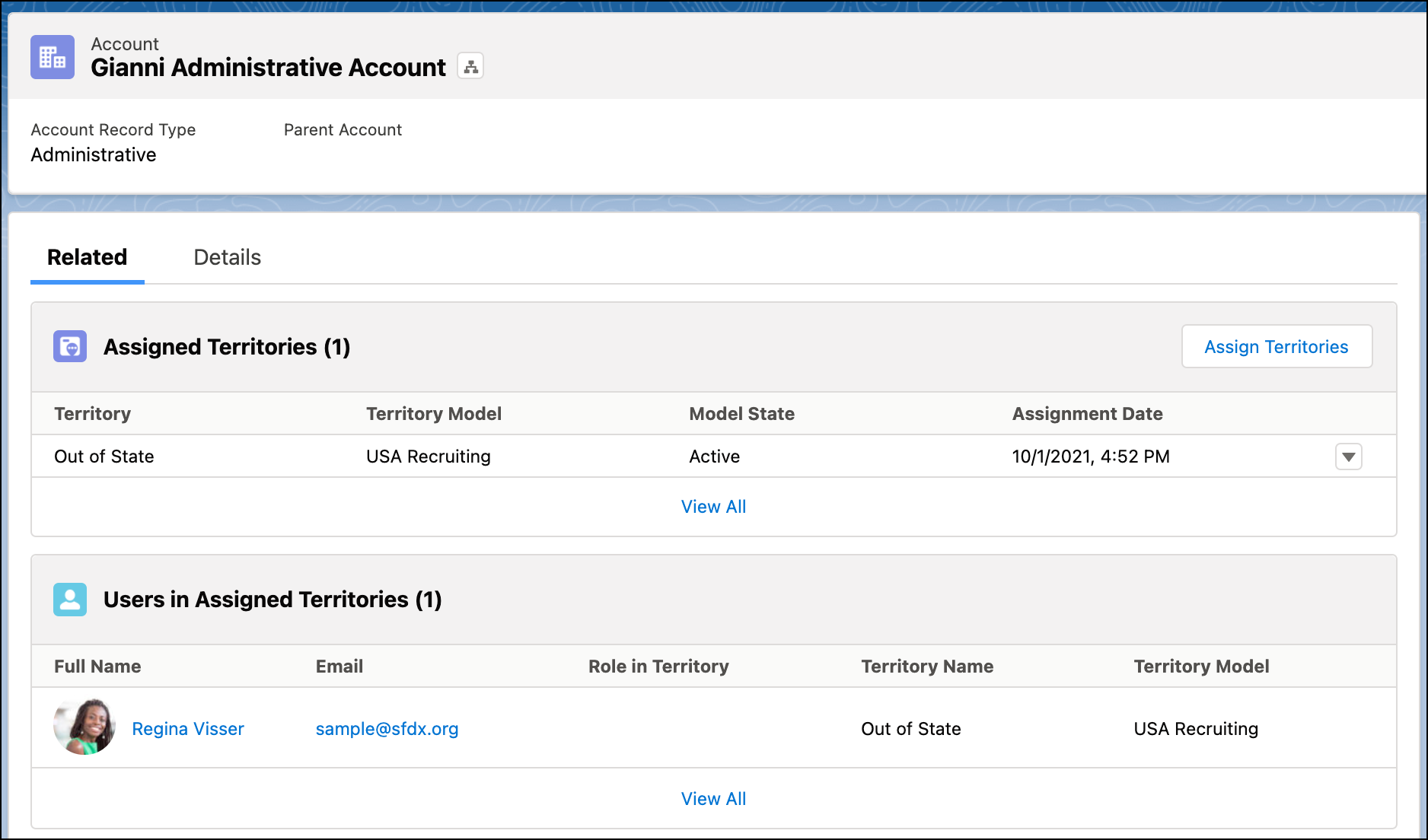Sample Account with assigned Territories