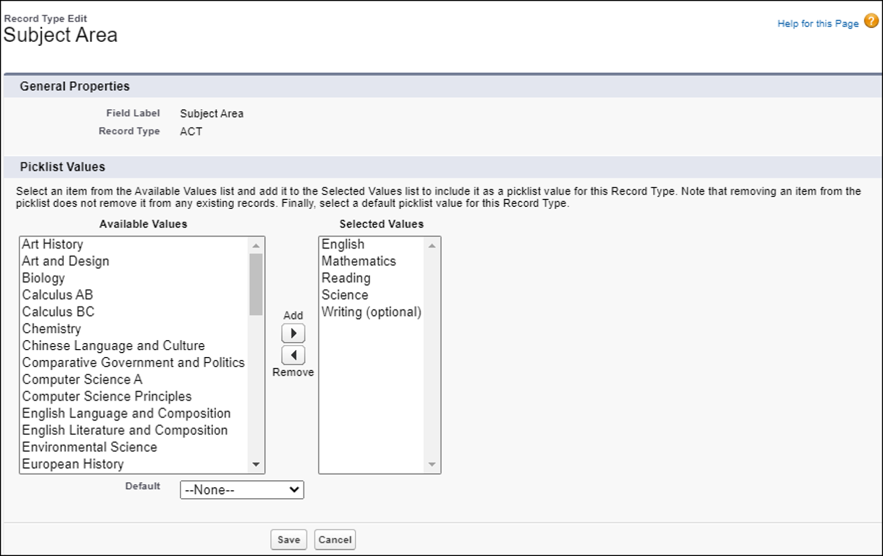 Select which values show up in the Subject Area field for a given record type.