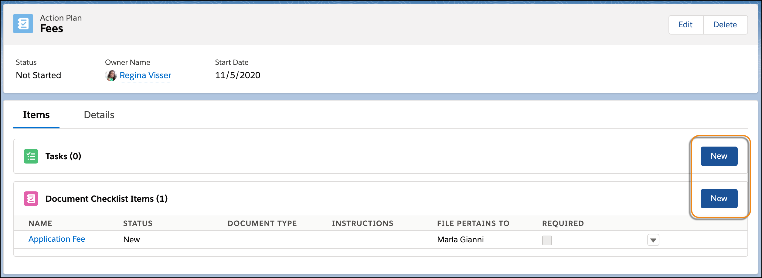 Action Plan record page with a callout on the New buttons for Tasks and Document Checklist Items