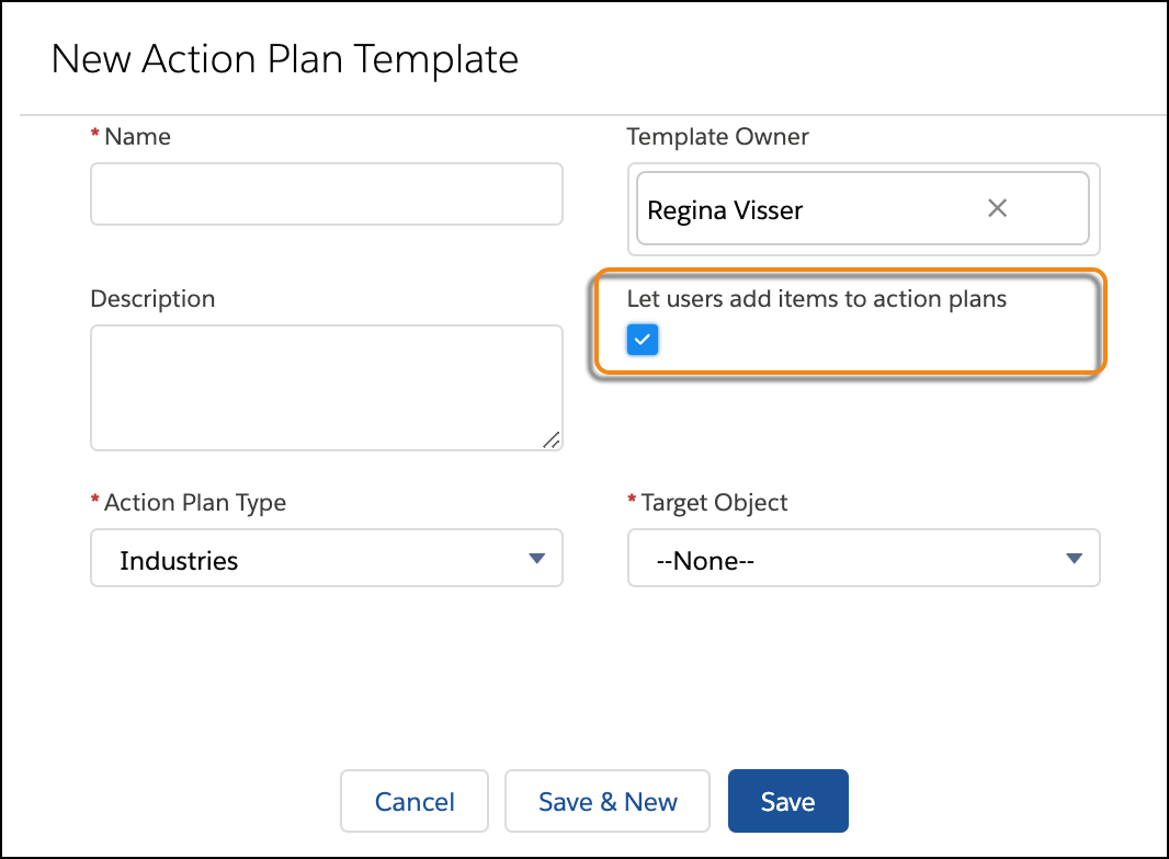 Window to create new New Action Plan Template records with a callout around the "Let users add items to action plans" checkbox