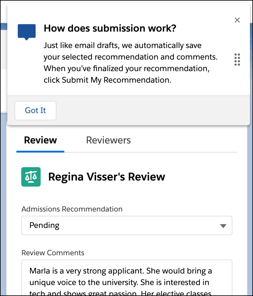 Application Review page with default in-app guidance displayed
