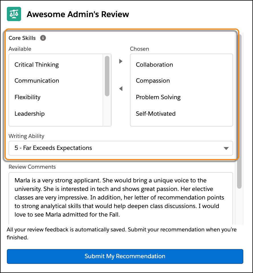 Custom questions in the Reviewer Feedback component for Core Skills and Writing Ability.