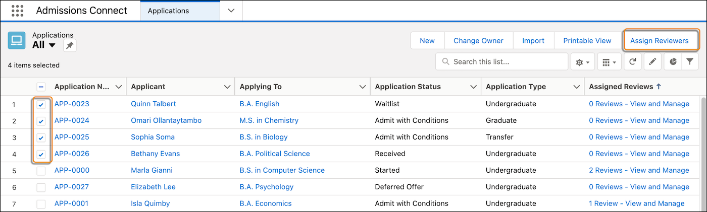 Sample list view showing the Assign Reviewers button