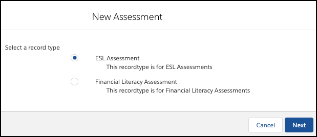 New Assessment showing Select a record type