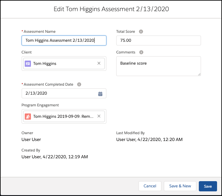 Assessments related list showing Assessment Name, Client, Total Score, Comments, and more