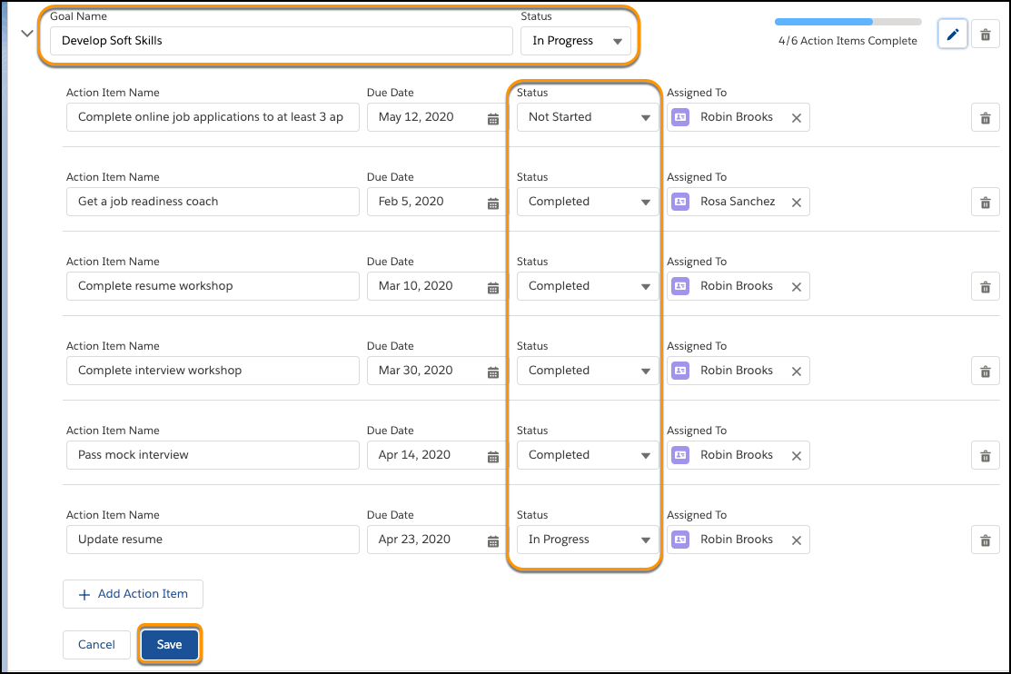 Status updates on Goal and Action Item to show client progress