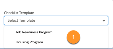 Select Checklist Template dialog showing the Job Readiness Program and Housing Program options