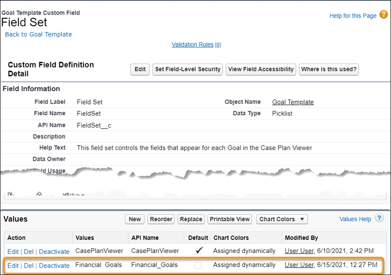 Showing the Field Set called Field Set with the new value for Financial Goals