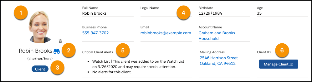 Client Card showing client photo, preferred name and pronouns, watch list icon, client roles, client contact information, critical client information, and client Id generator