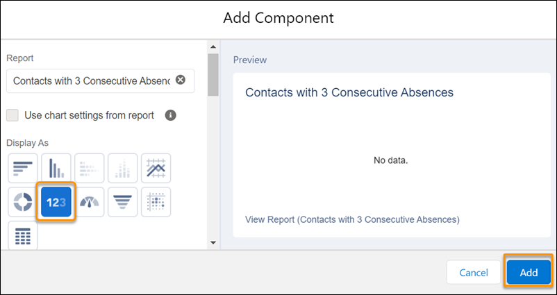 Add Component to Dashboard screen, with the Metric Chart icon highlighted
