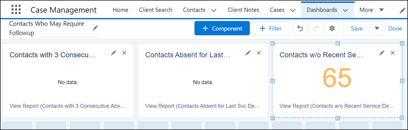 Edit mode for the Contacts Who May Require Followup dashbard on the Home page