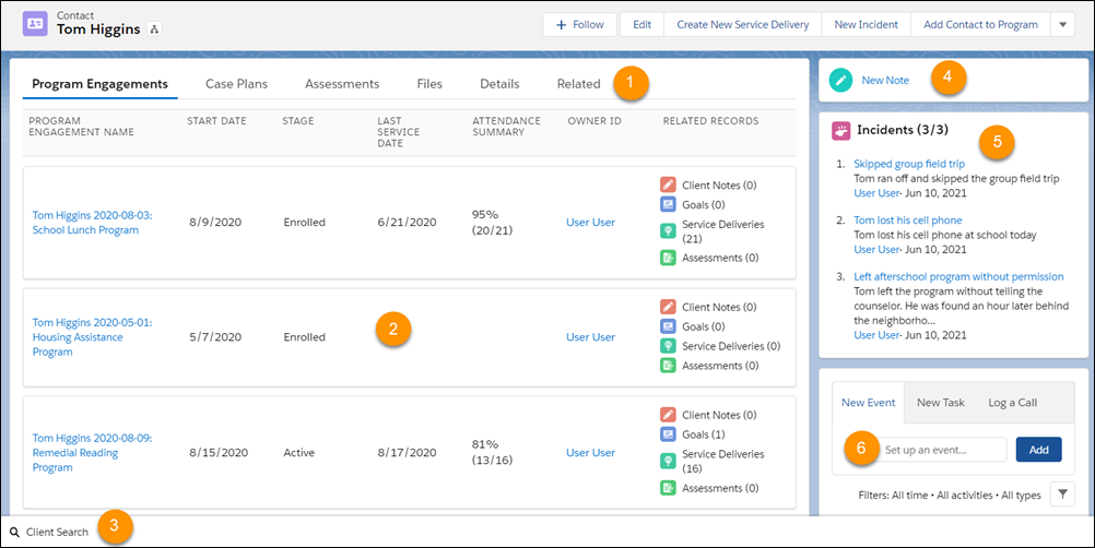 Contact information showing tabs to view Program Engagements, Case Plans, Assessments, Contact Details, and Related lists, details of the selected tab, client search, note action, reported incidents, client activities and event timeline