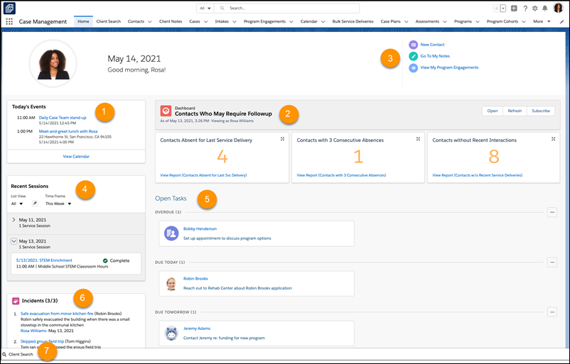 Home page showing today's events, contacts who may require follow up, recently logged incidents, client search, open tasks, and action buttons