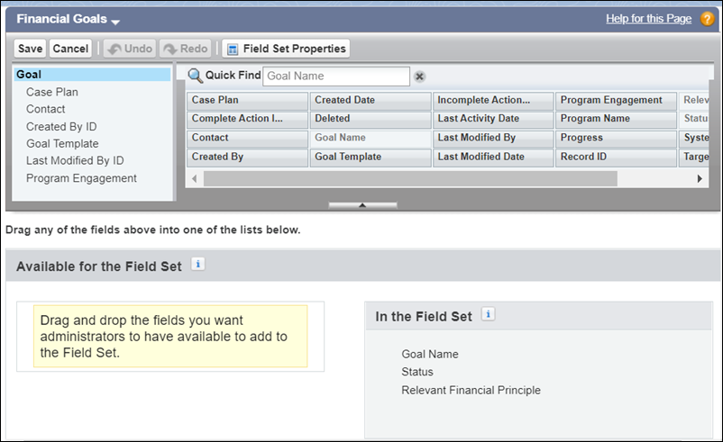 Showing the Financial Goals field set with the fields Goal Name, Status, and Relevant Financial Principle