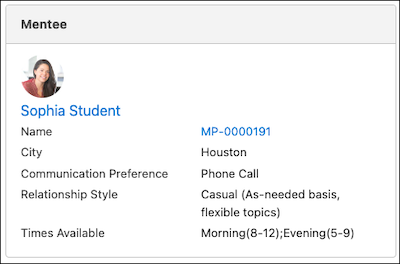 Screenshot showing the mentoring profile card for a mentee
