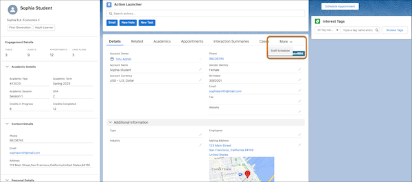 The location of the Staff Scheduler option on the person account record page.