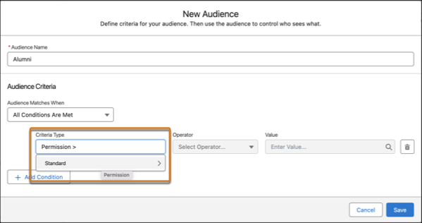 Окно создания аудитории, отображающее, где выбрать «Полномочие, стандартное»