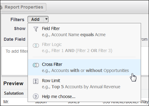 Select Cross Filter in the Filters drop down menu