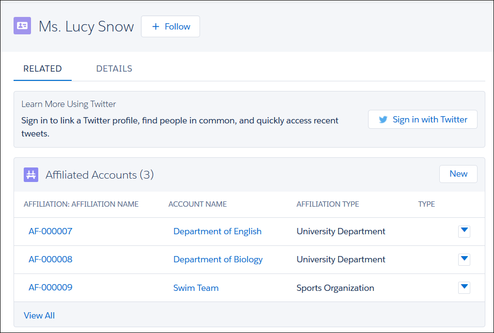 Student Lucy Snow's Contact record shows her swim team affiliation