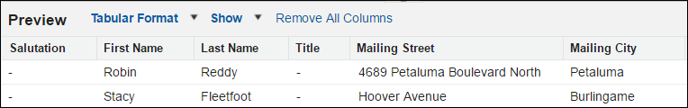 The report preview shows address information for each contact.
