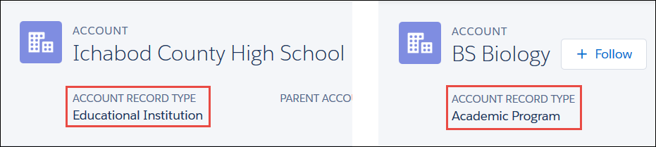 Account record types for Ichabod County High School and BS Biology records