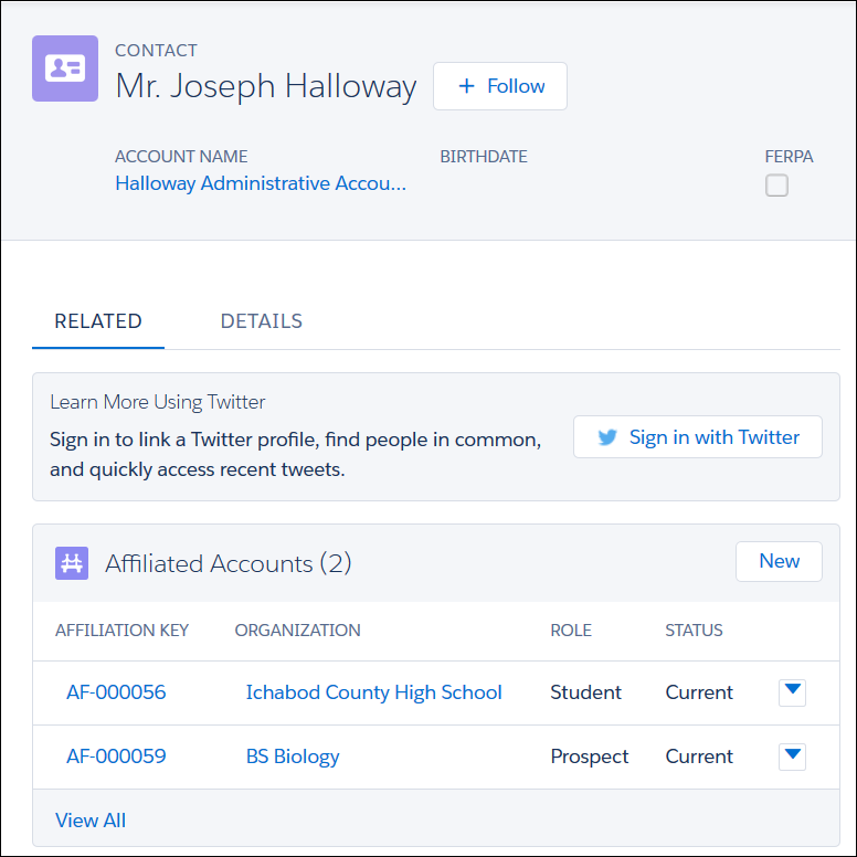 Joseph Halloway's contact record showing affiliated accounts