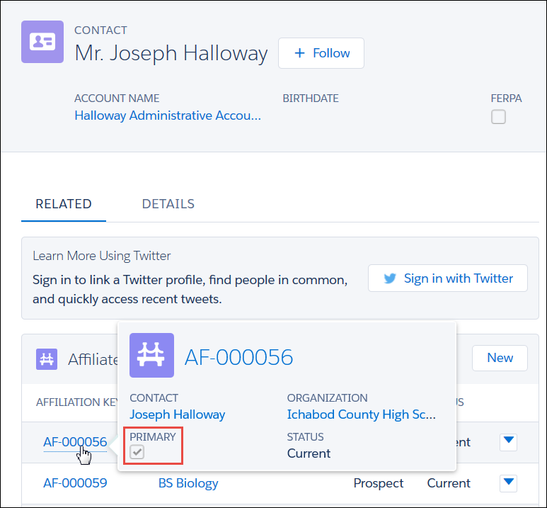 Joseph Halloway's Contact record showing the Primary Affiliation