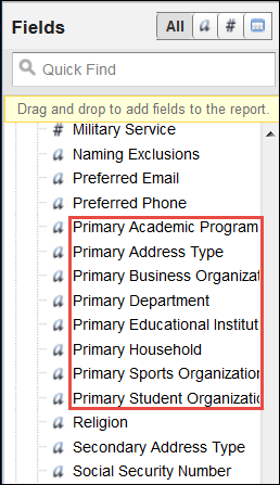 Primary fields in Fields column