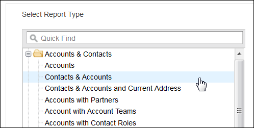 Selecting the Contacts & Accounts report type