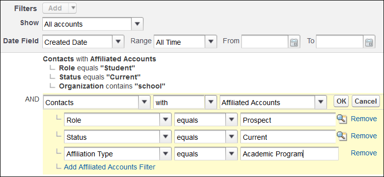Cross filter for current student prospects with affiliated academic programs