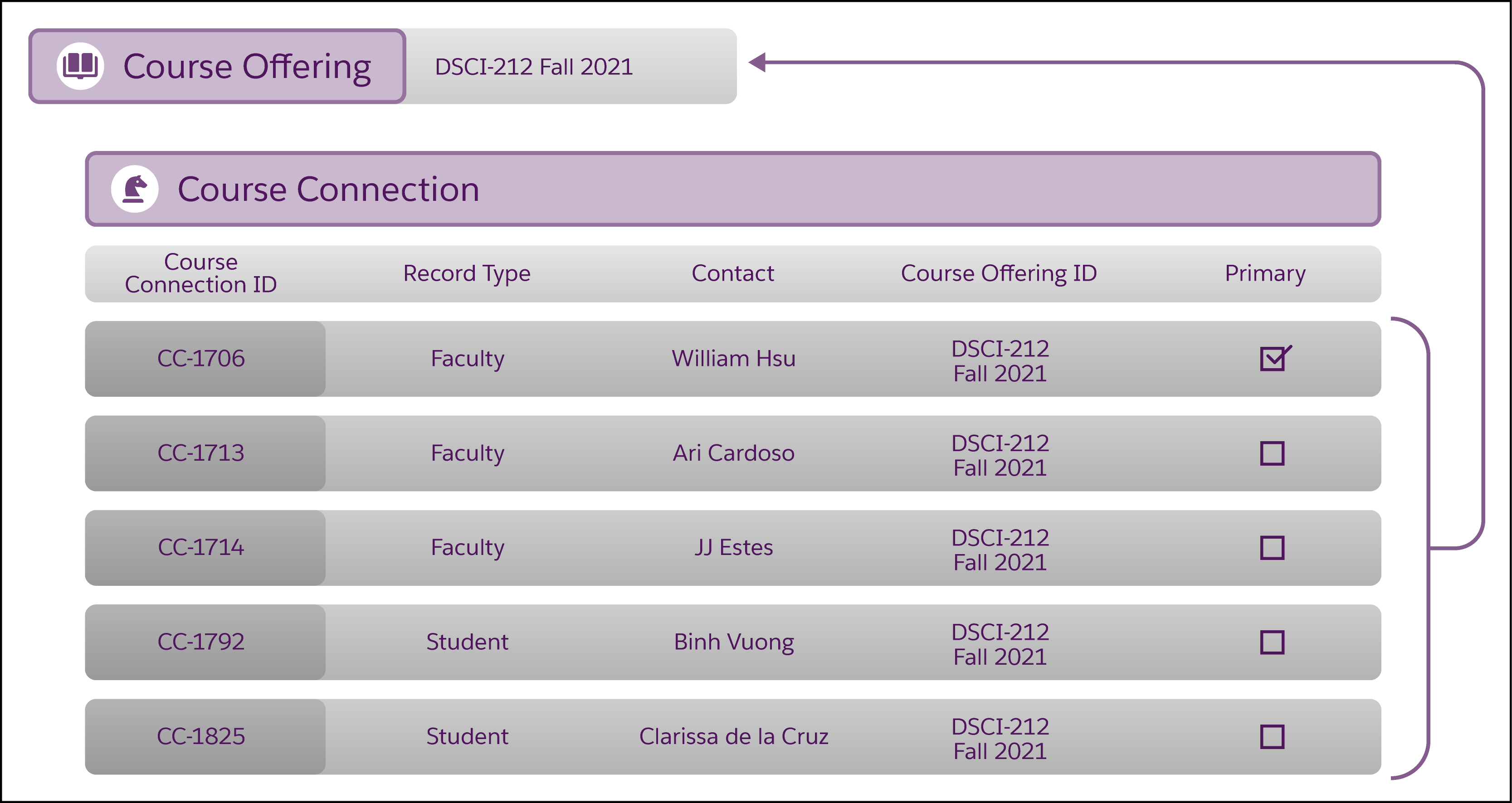A sampling of Course Connection records for the primary faculty, supporting faculty, and students in a Course Offering, DSCI-212 Fall 2021