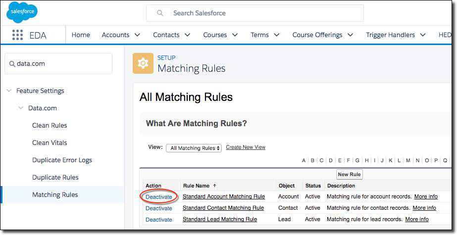Matching Rules setup page