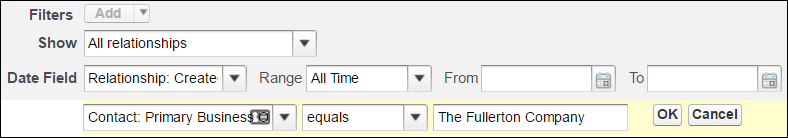 Filters editor showing Contact: Primary Business Organization equals The Fullerton Company