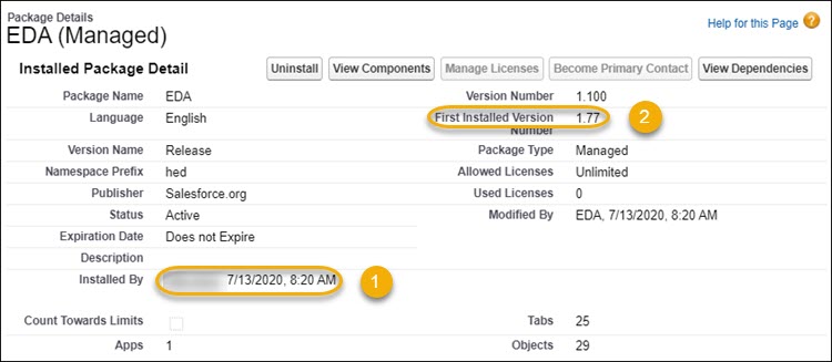 Package details, first installed version and last installed date