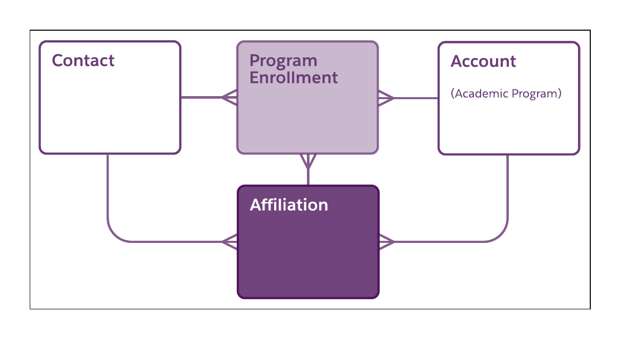 Diagram of the relationships between the Contact, Account (Academic Program), Program Enrollment, and Affiliation objects