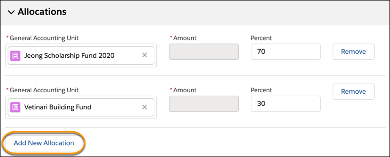 The Allocation section of the Single Gift Entry form, with one General Accounting Unit set to the Jeong Scholarship Fund 2020 at 70%, and the other set to the Vetinari Building Fund at 30%. Showing a callout on Add New Allocation.