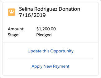 A section of the Review Donations page, showing the Opportunity record Selina Rodriguez Donation 7/16/2019 as one potential duplicate gift Opportunity. Below the Opportunity details are options to either Update this Opportunity or Apply New Payment.