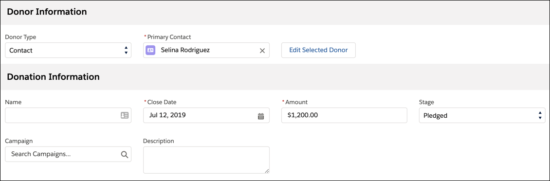 The Donor Information and Donation Information sections of the Single Gift Entry form, with donor Selina Rodriguez specified as the Primary Contact.