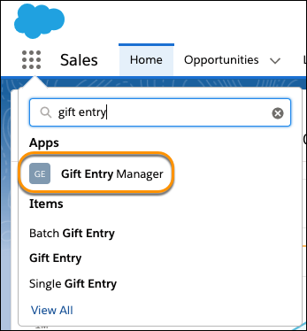 The Salesforce App Launcher menu, with a callout on the Gift Entry Manager app.