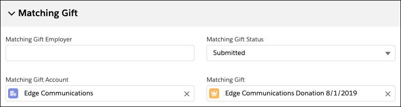 The Matching Gift section of the Single Gift Entry form, with a matching gift Opportunity from Edge Communications entered as submitted.