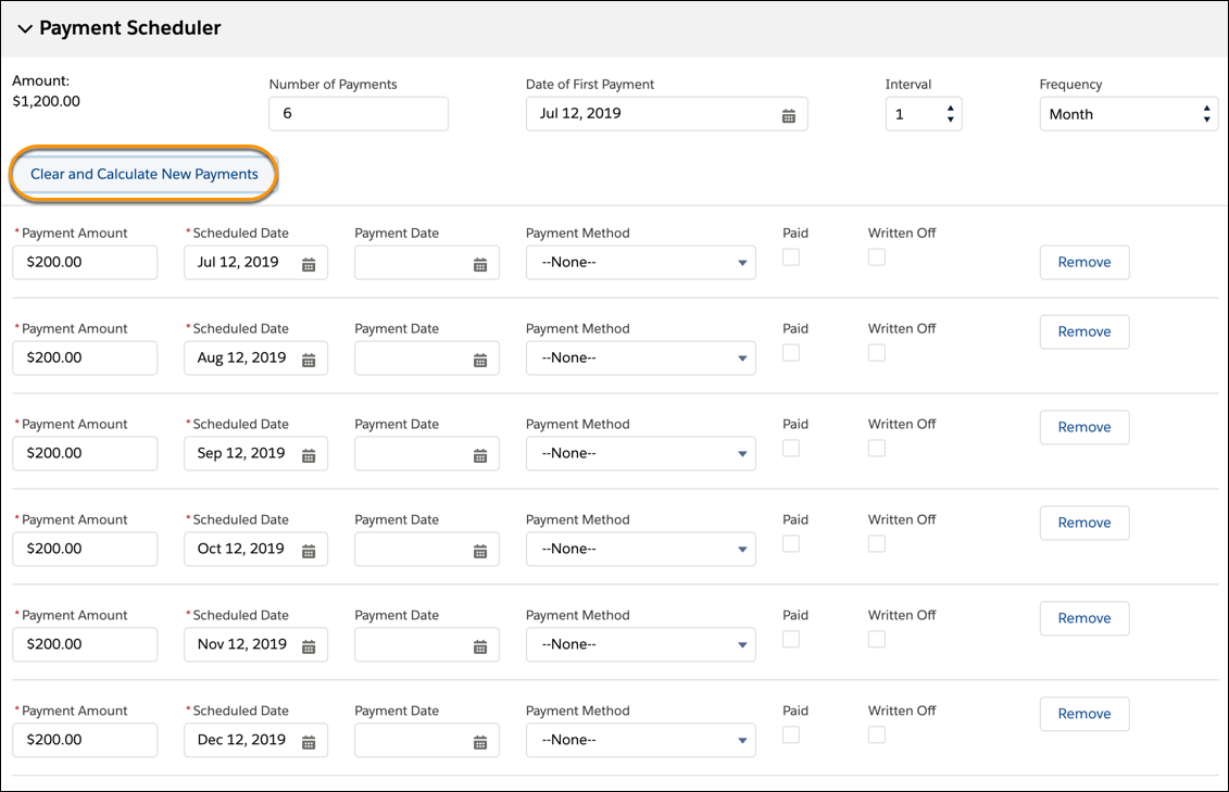 The Payment Scheduler section of the Single Gift Entry form, with 6 payments scheduled and a callout on Clear and Calculate New Payments.
