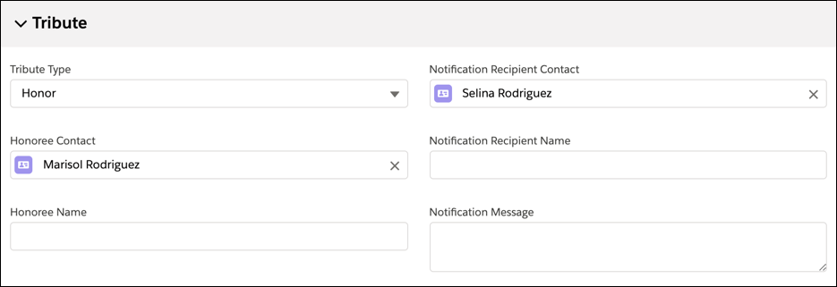 The Tribute Information of the Single Gift Entry form, with the Tribute Type set to Honor, Selina Rodriguez as the Notification Recipient Contact, and Marisol Rodriguez as the Honoree Contact