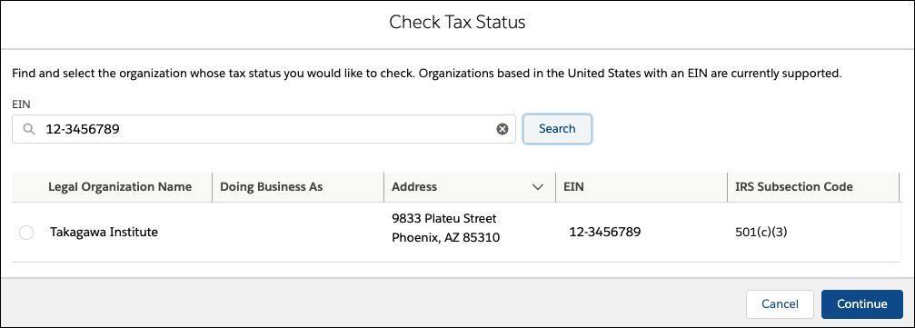 An example of an organization's tax status search results.