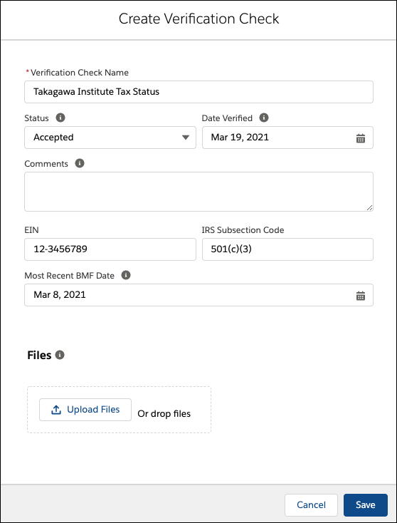 Information from the selected tax result autopopulates on a Verification Check record.