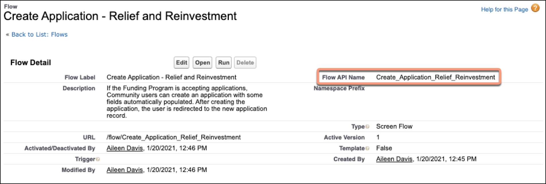 Locate the Flow API Name.