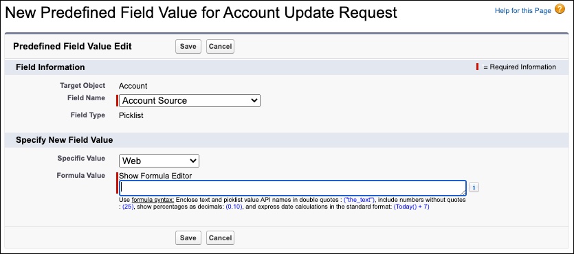 Configure the field values for an Account Update Request
