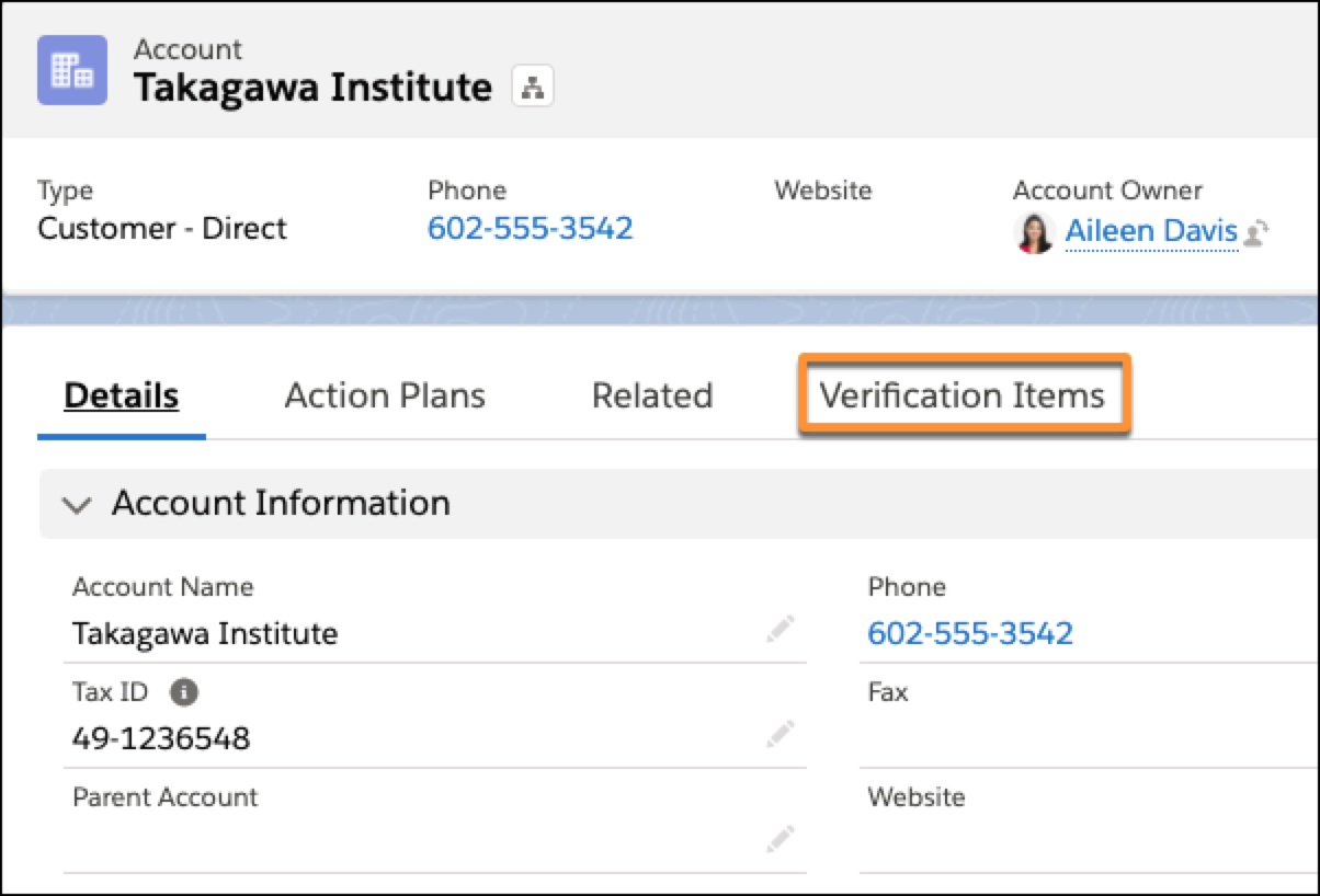 The Verification Items tab on an Account record.