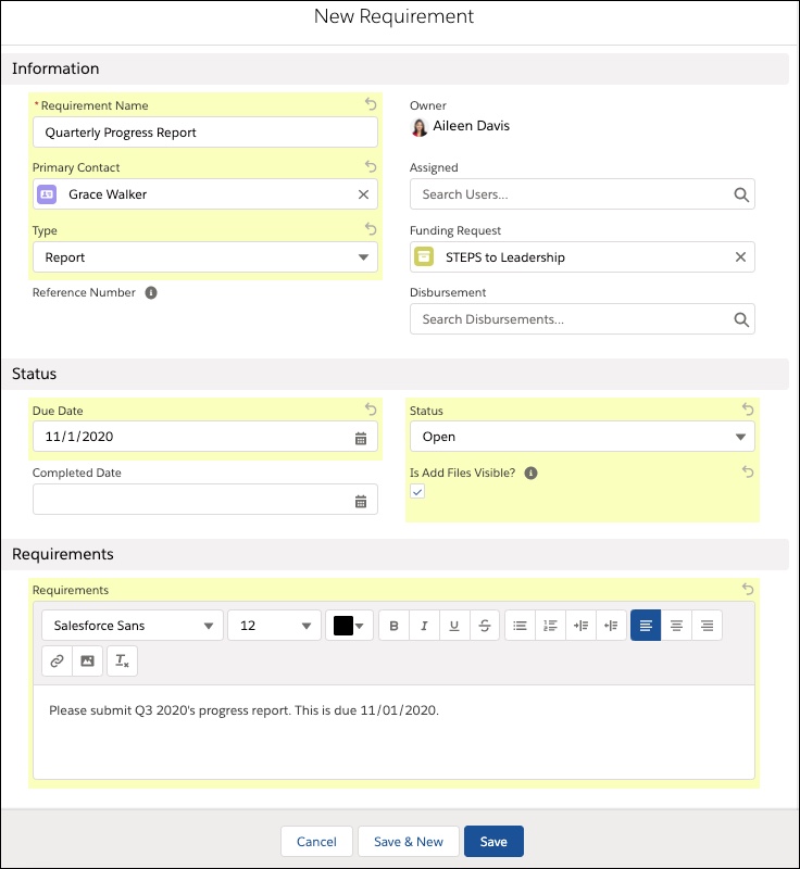 Complete fields on the Requirement record.